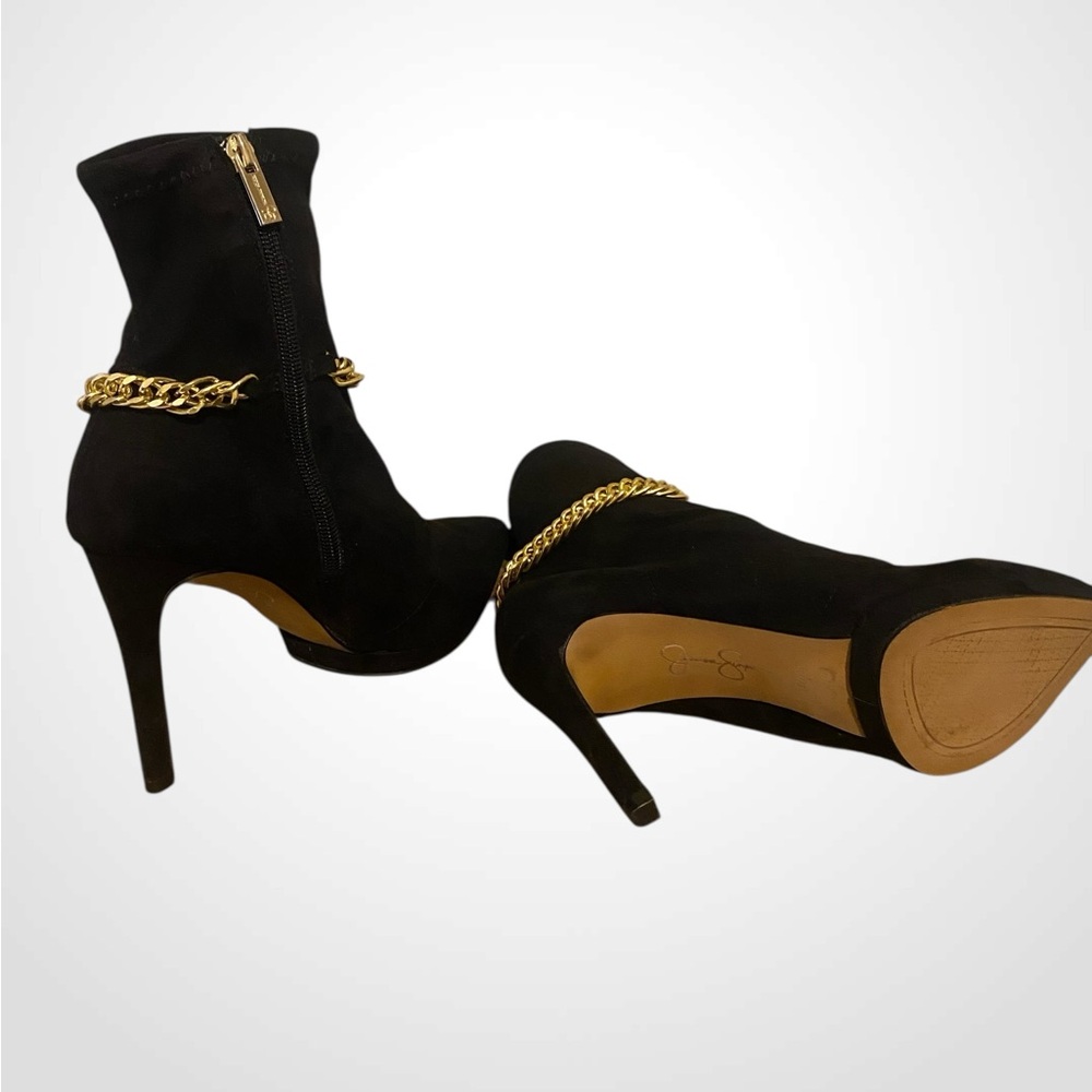 Jessica Simpson | JS Black Stiletto Heeled Boots with Gold Chain | Sock Booties - Picture 8 of 14